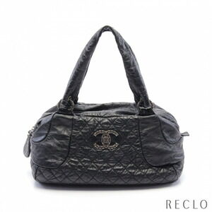 Chanel Matelasse Coco Mark Handbag Boston Bag Black Leather